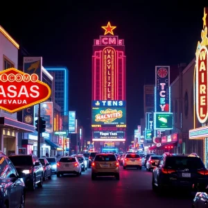 Vibrant Las Vegas street at night representing ongoing concerns of crime.