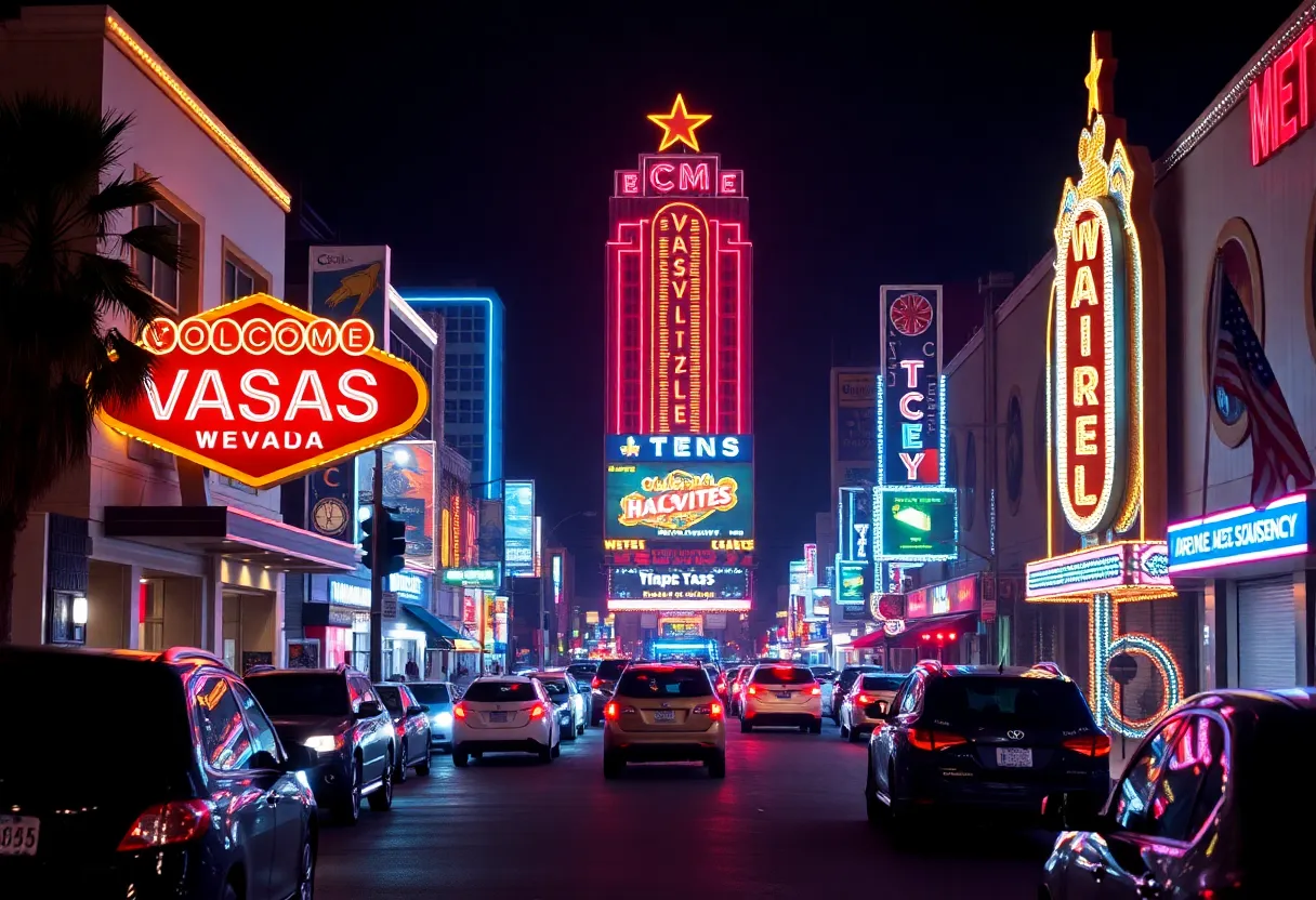 Vibrant Las Vegas street at night representing ongoing concerns of crime.