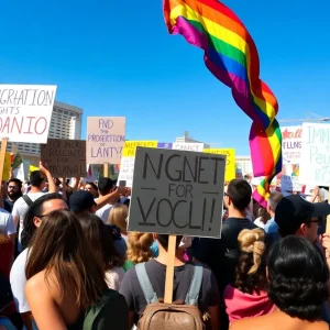 Crowd protesting for immigration and LGBTQ+ rights in Las Vegas