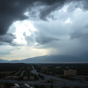 Dark storm clouds over Las Vegas with rain and flooding conditions
