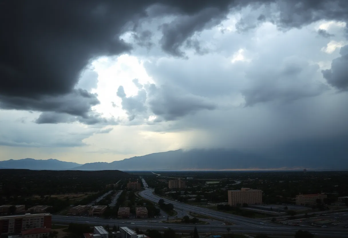 Dark storm clouds over Las Vegas with rain and flooding conditions