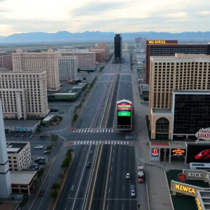 A view of the Las Vegas Strip showing reduced tourist activity.