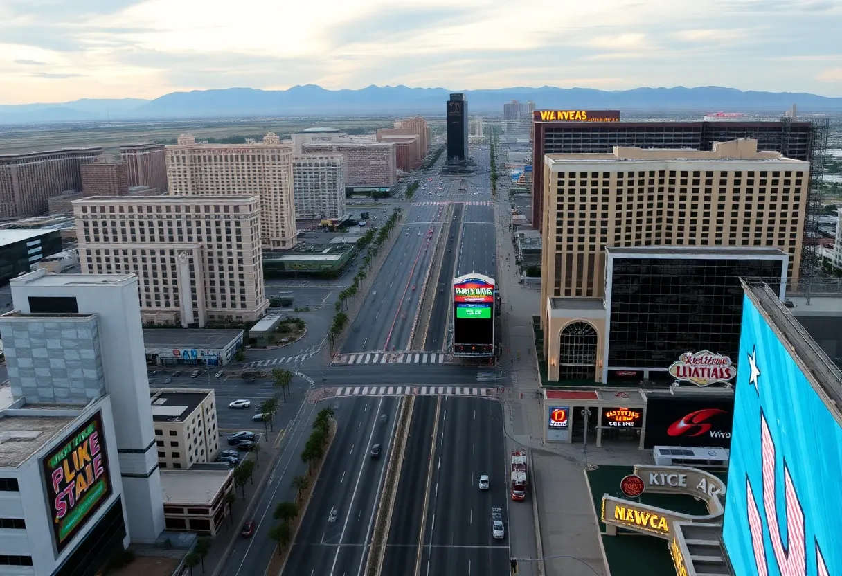 A view of the Las Vegas Strip showing reduced tourist activity.