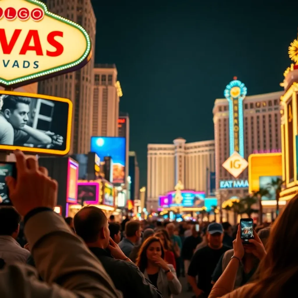 View of the Las Vegas Strip at night with neon lights.