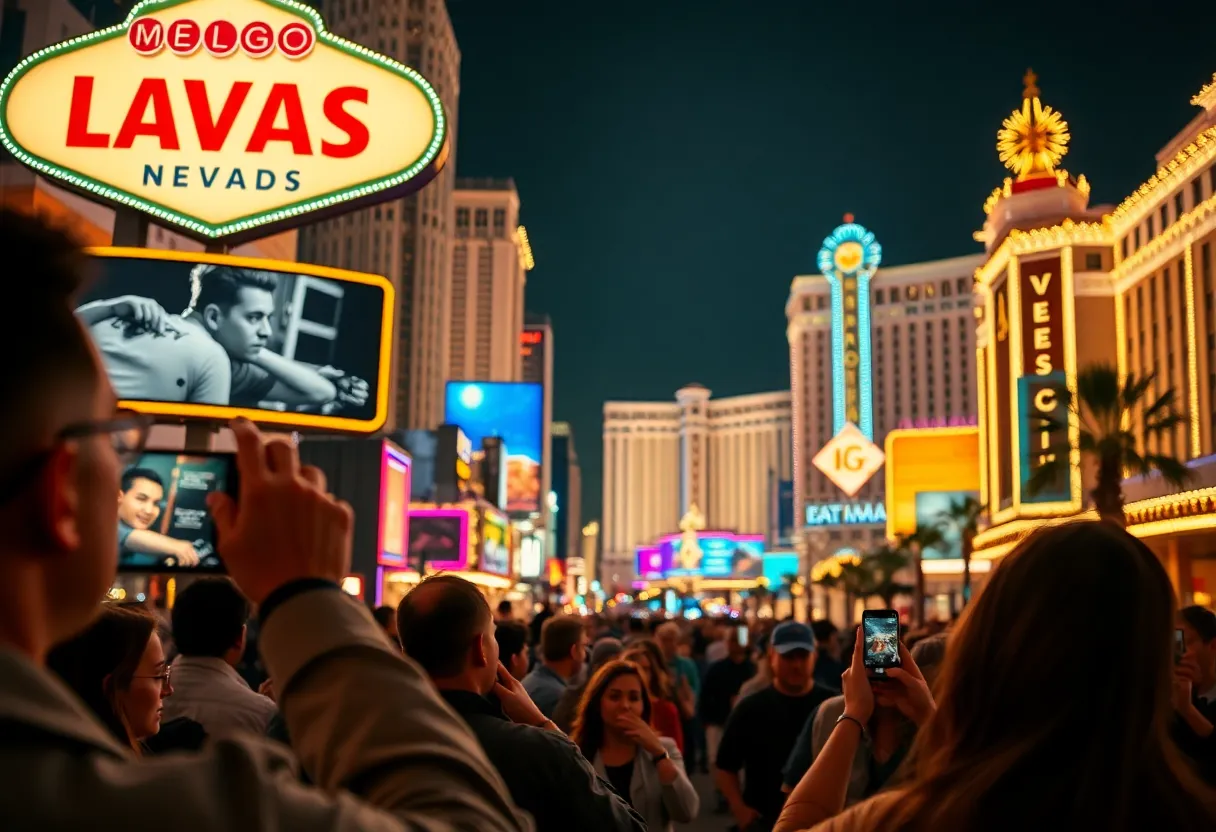 View of the Las Vegas Strip at night with neon lights.