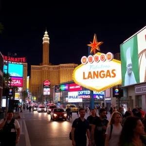 Tourists on Las Vegas Strip with visible security presence