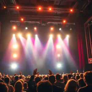 Theater stage with performers and audience applauding