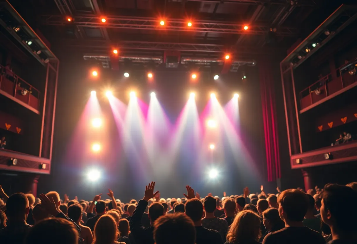 Theater stage with performers and audience applauding