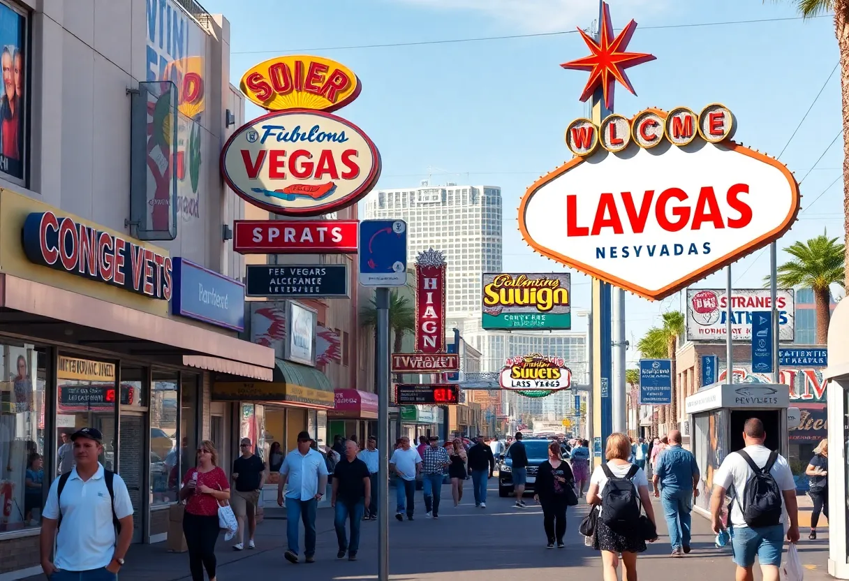 Tourists exploring Las Vegas with small businesses in view.