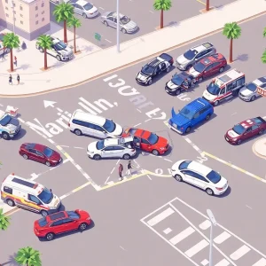 Scene of a traffic accident in Las Vegas with emergency response units