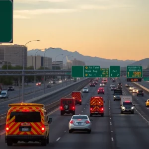 Traffic incident scene in Las Vegas with warning signs and emergency responders