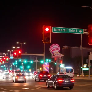 Illuminated traffic signals at a Las Vegas intersection at night