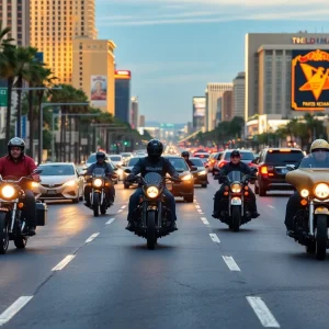 Traffic scene in Las Vegas showing motorcycles and cars