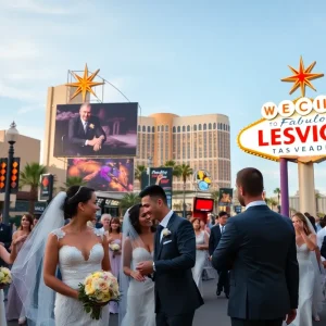 Couples celebrating marriage in Las Vegas with wedding attire