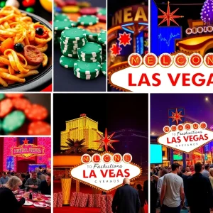 A colorful representation of Las Vegas events including food, poker, and cultural celebrations.