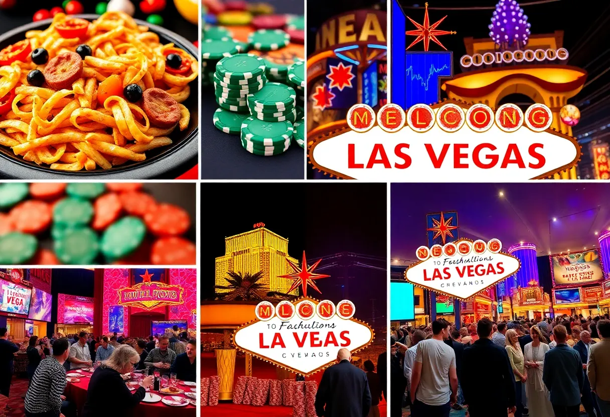 A colorful representation of Las Vegas events including food, poker, and cultural celebrations.