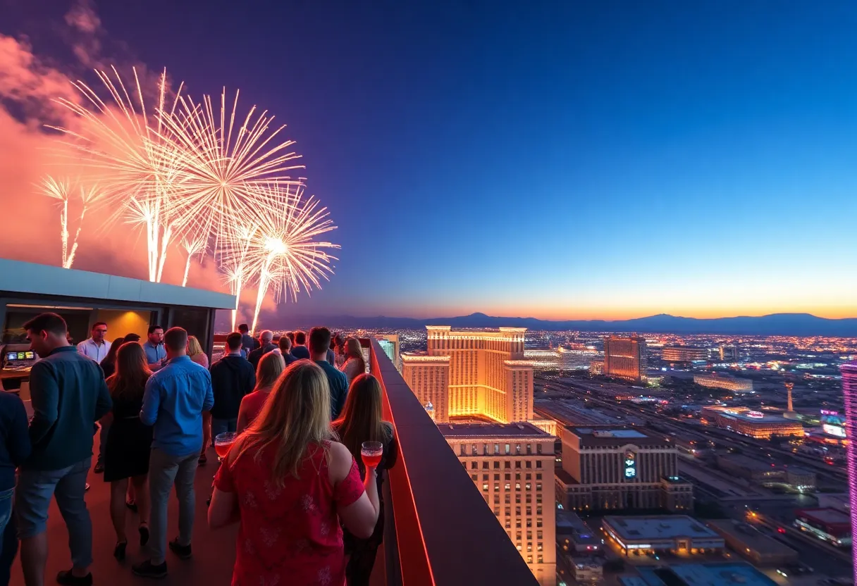 A vibrant rooftop party scene at Legacy Club in Las Vegas