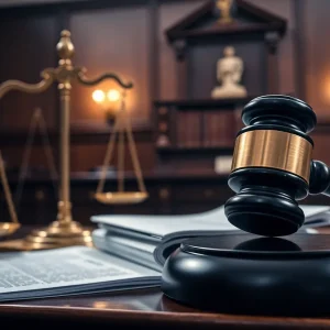 Courtroom scene depicting legal proceedings