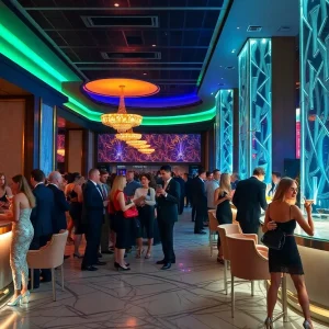 Elegant lobby bar in Las Vegas with guests enjoying cocktails