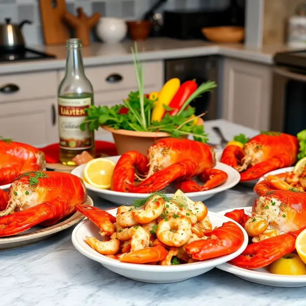 Various lobster dishes beautifully presented on a dining table.
