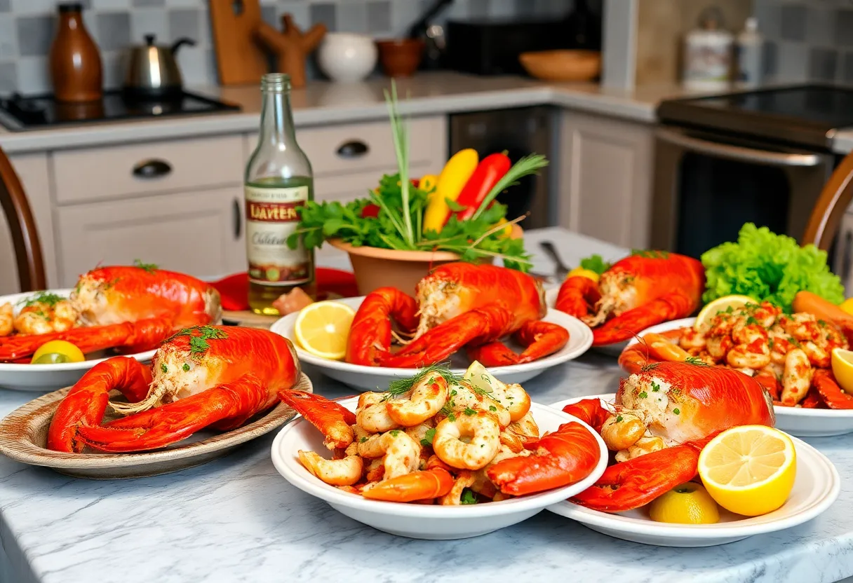 Various lobster dishes beautifully presented on a dining table.