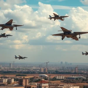 Military aircraft flying over a tense Middle East landscape