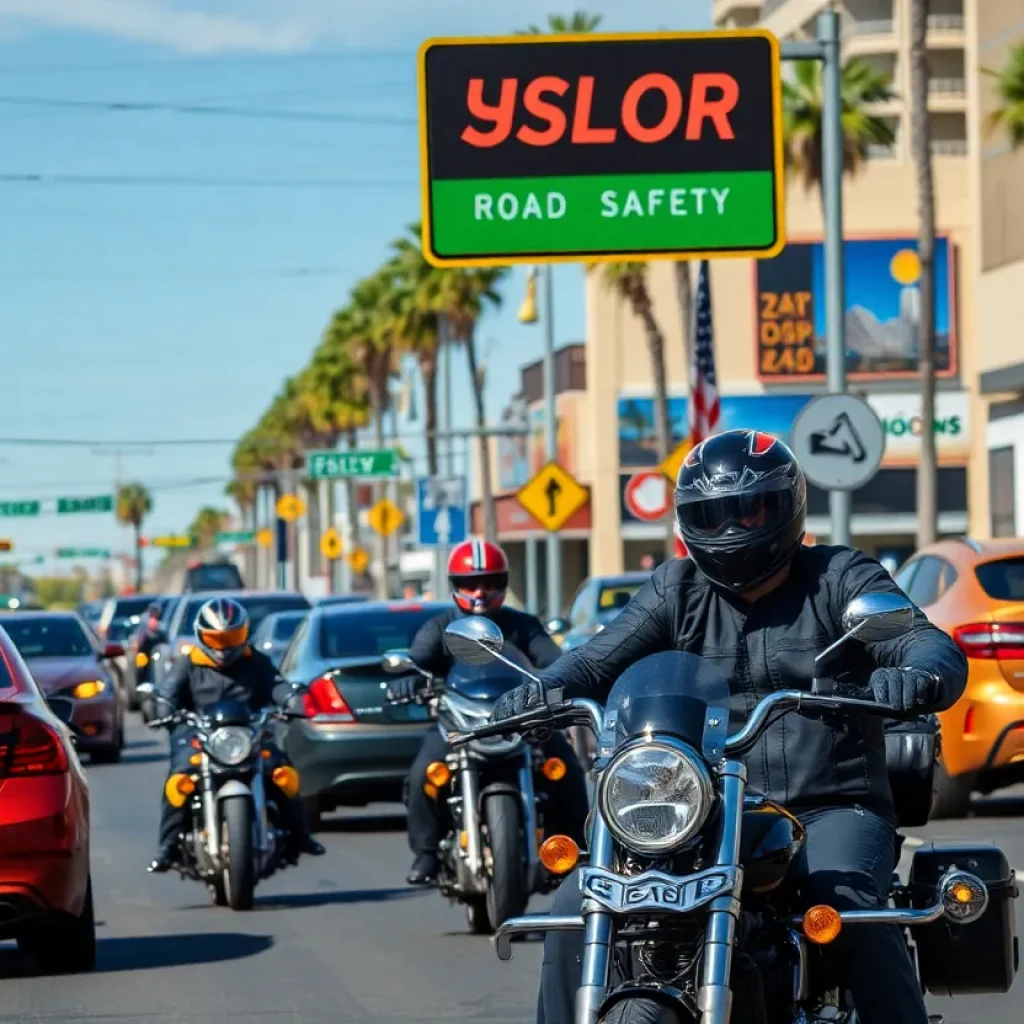 Motorcyclists on a Las Vegas road emphasizing safety.
