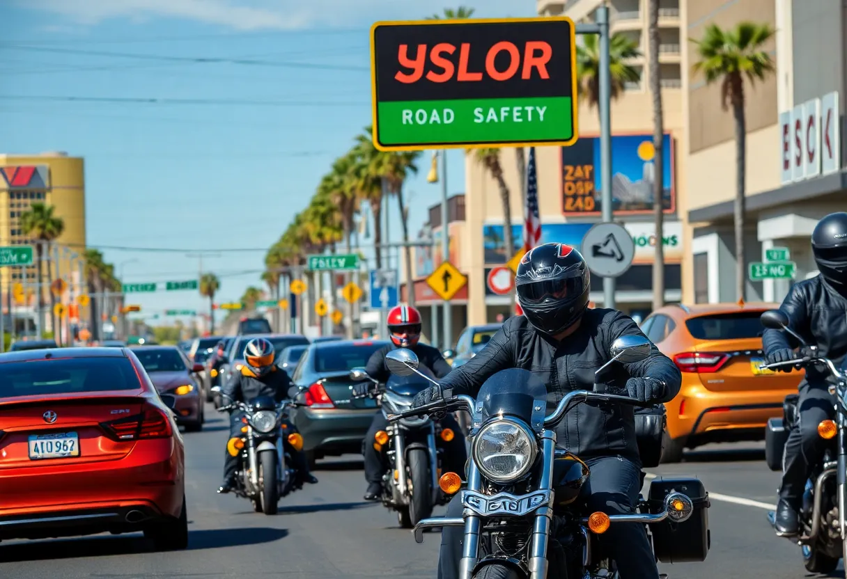 Motorcyclists on a Las Vegas road emphasizing safety.
