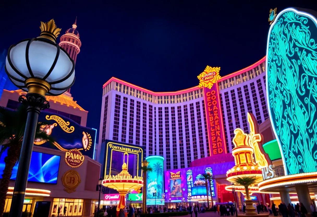 Entrance of Fontainebleau Las Vegas with gaming regulations signage