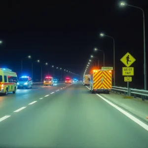 Emergency vehicles and traffic cones on a highway at night