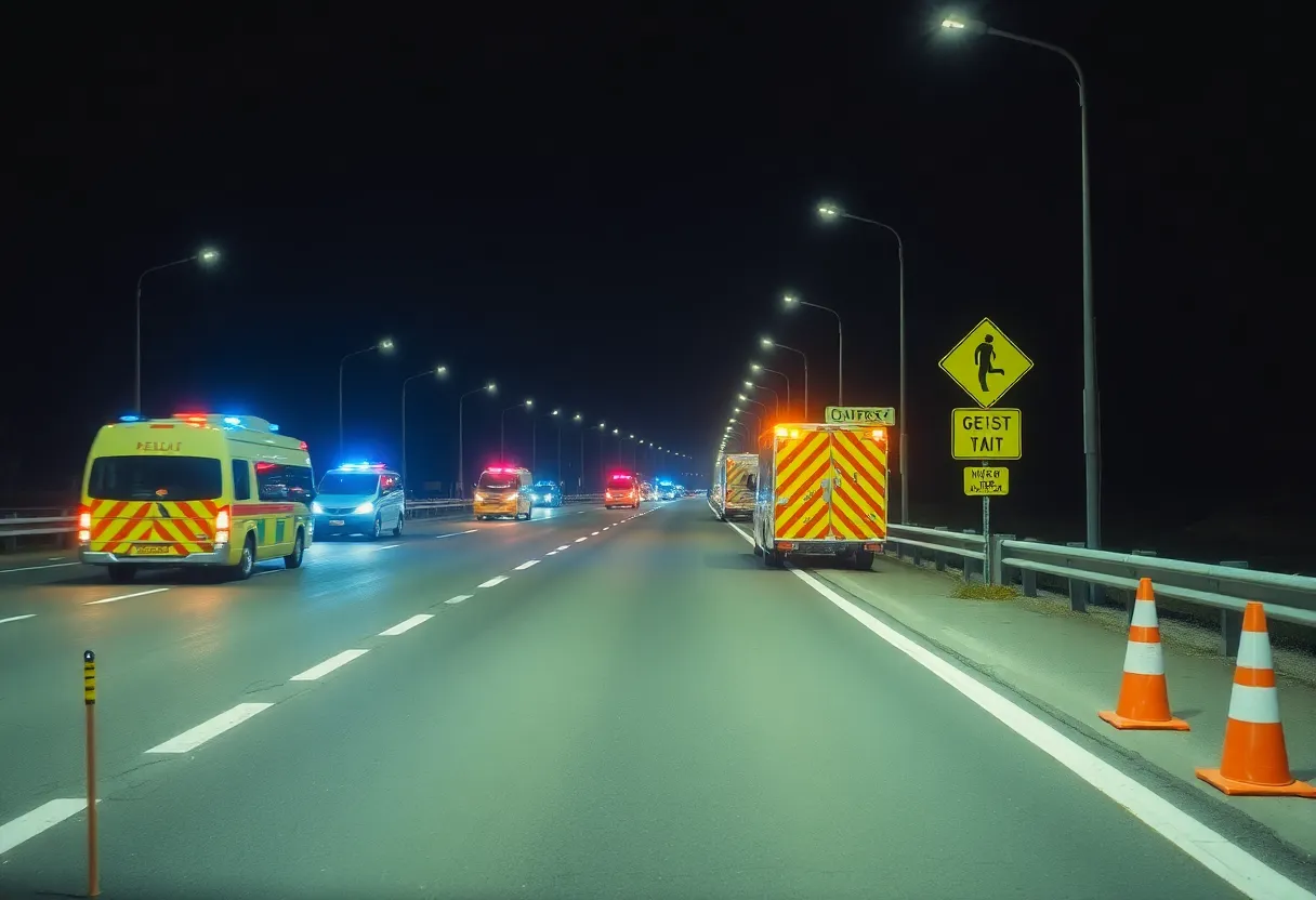Emergency vehicles and traffic cones on a highway at night