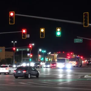 Nighttime intersection in North Las Vegas highlighting road safety concerns