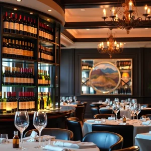Interior of Orla restaurant with a displayed wine selection
