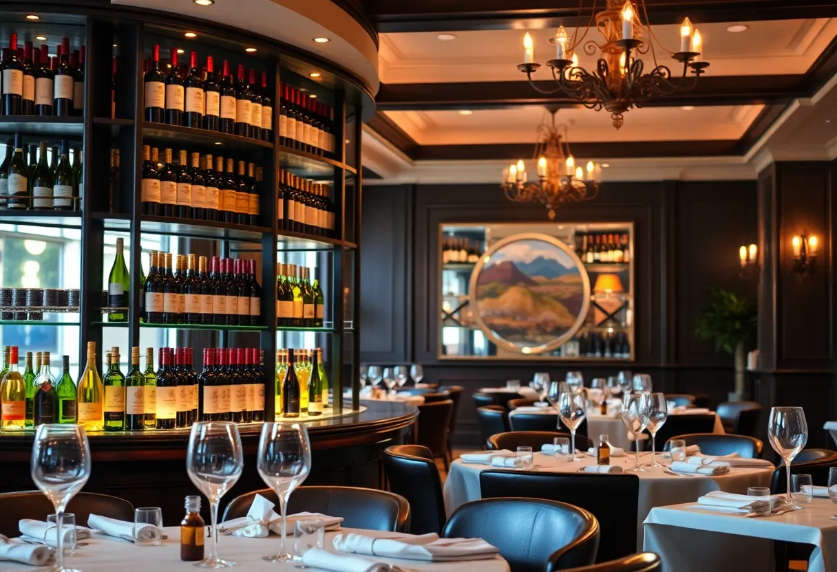Interior of Orla restaurant with a displayed wine selection