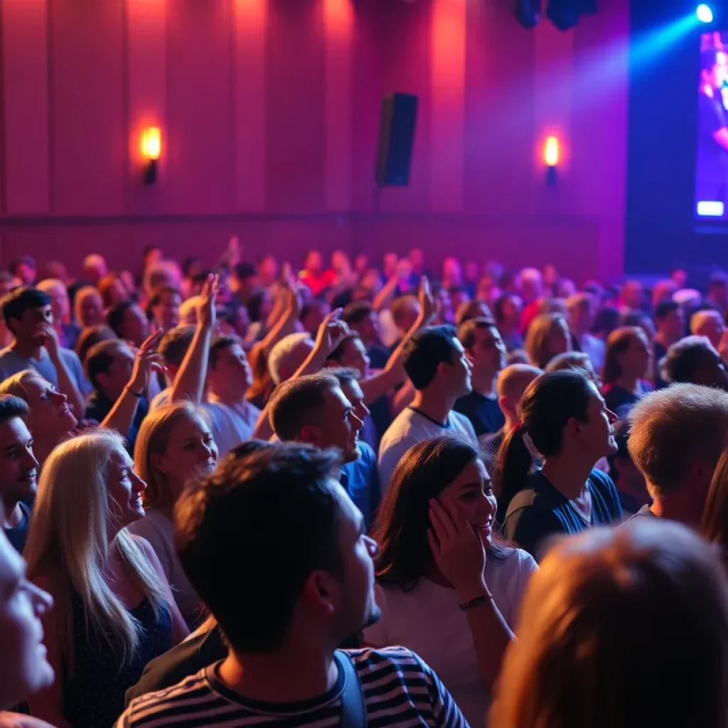 A vibrant concert atmosphere featuring a rock band with audience members enjoying the performance.