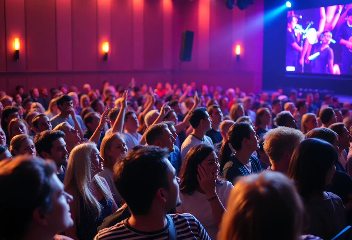 A vibrant concert atmosphere featuring a rock band with audience members enjoying the performance.