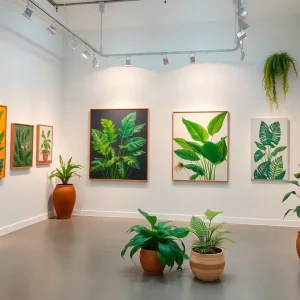 Artworks inspired by plant life displayed in gallery