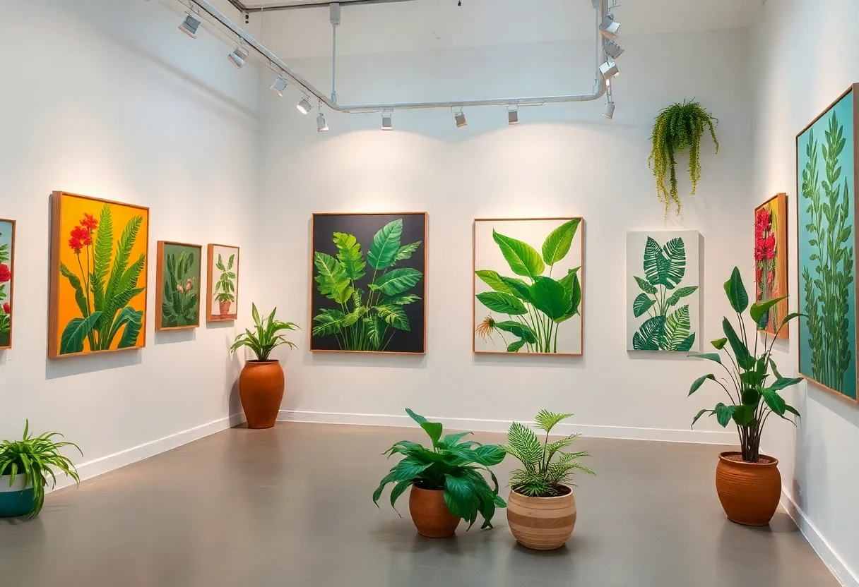 Artworks inspired by plant life displayed in gallery
