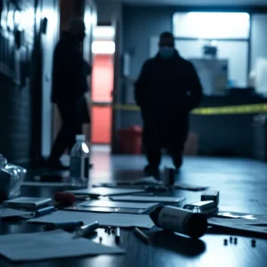 Police investigation scene focusing on child exploitation evidence collection.
