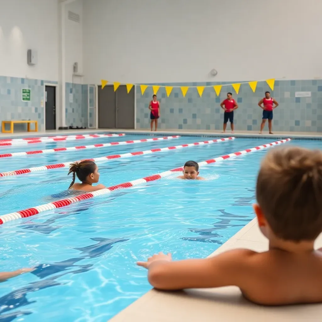 Children swimming at a community pool with lifeguards on duty.