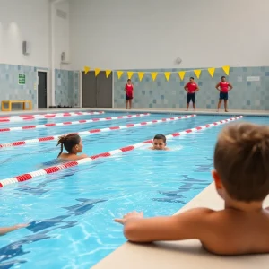 Children swimming at a community pool with lifeguards on duty.