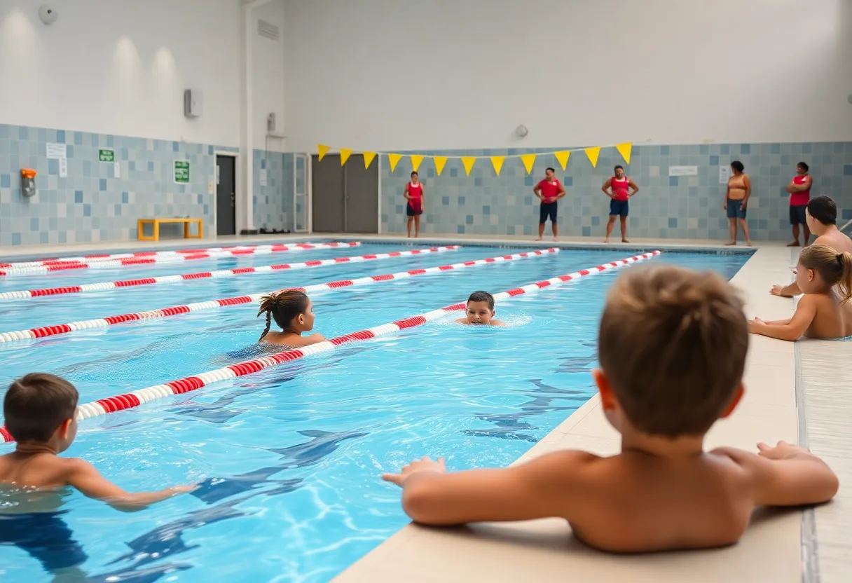Children swimming at a community pool with lifeguards on duty.