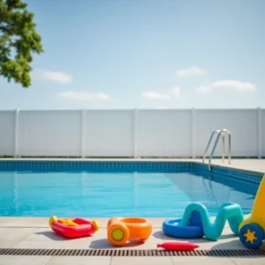 A residential swimming pool emphasizing safety for children.