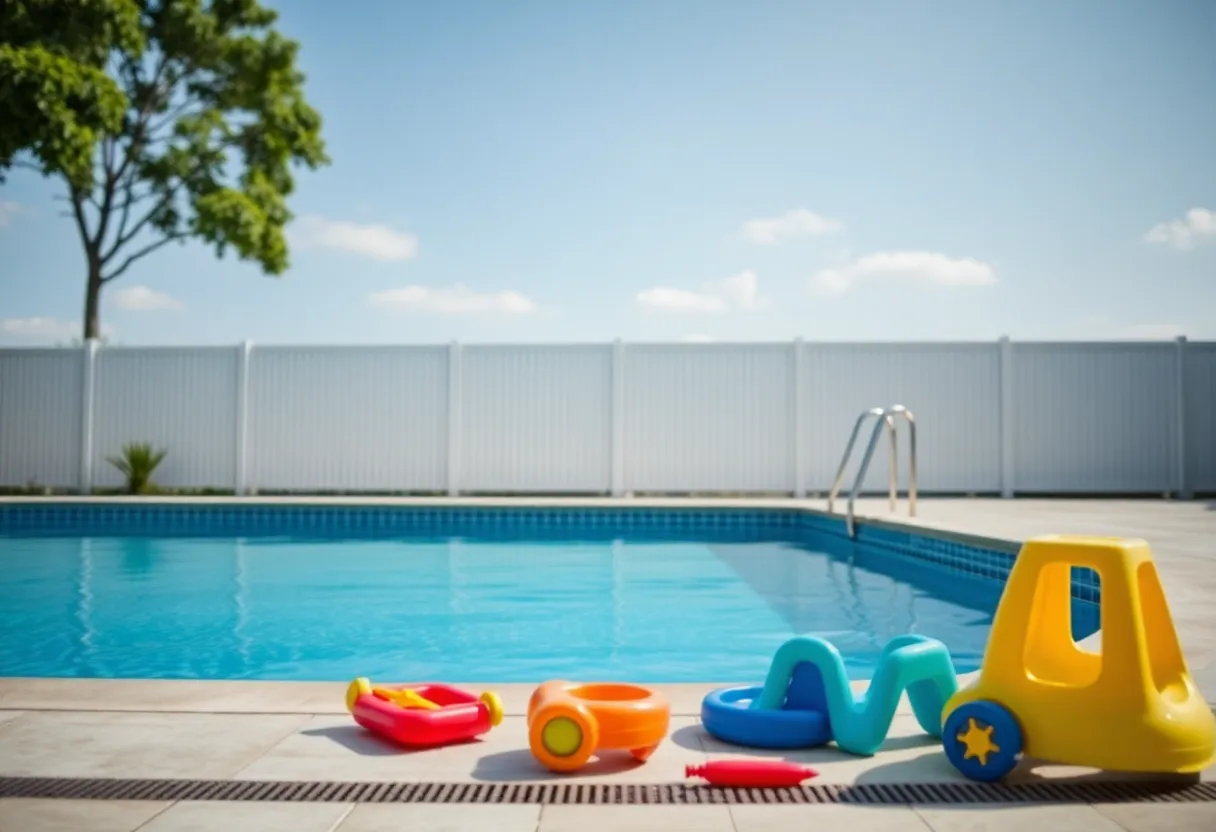 A residential swimming pool emphasizing safety for children.