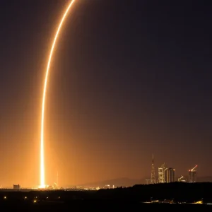 Rocket contrail visible in the night sky over Las Vegas