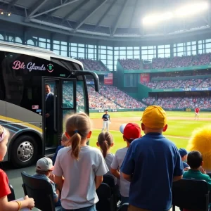 Children having fun at a baseball game with mascots