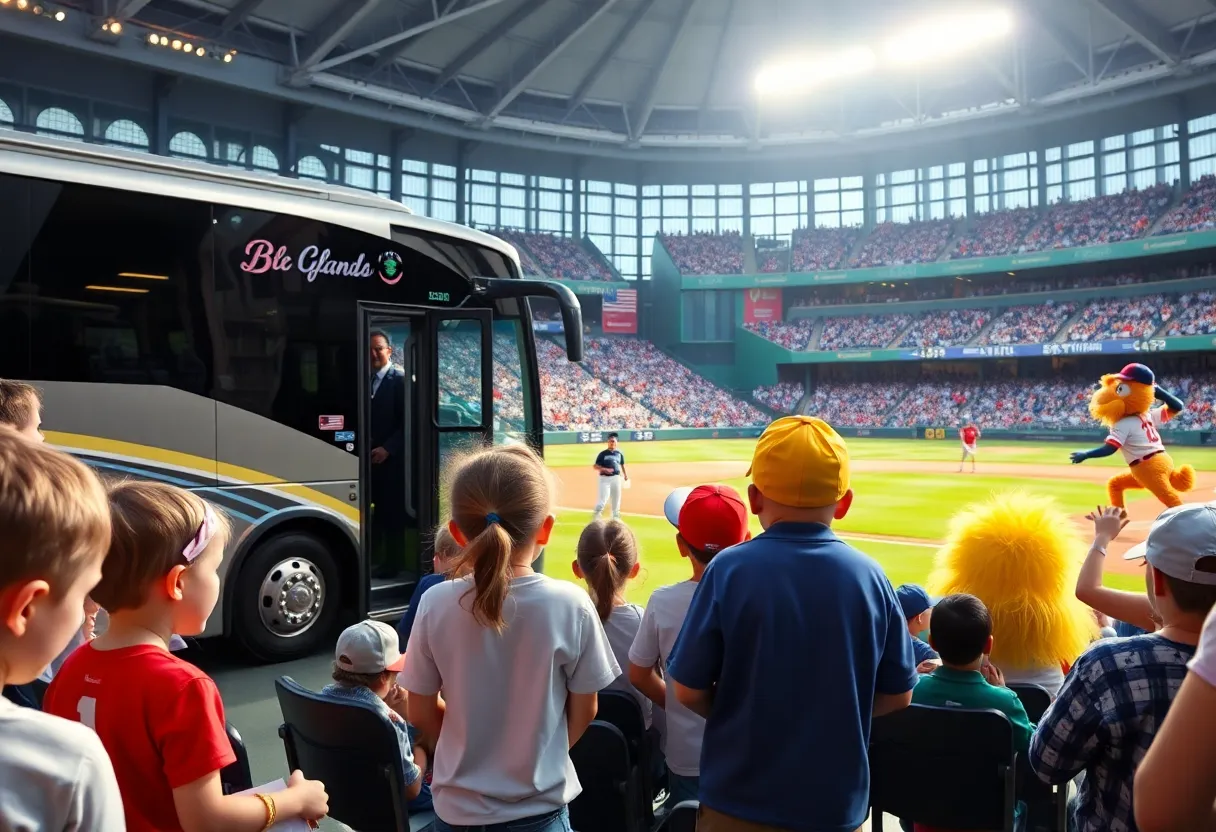 Children having fun at a baseball game with mascots