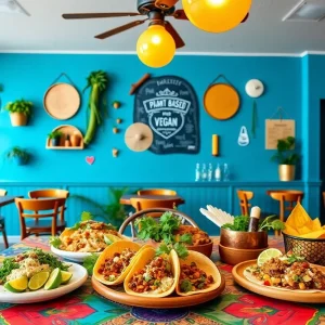 Colorful vegan tacos served in a plant-based Mexican restaurant
