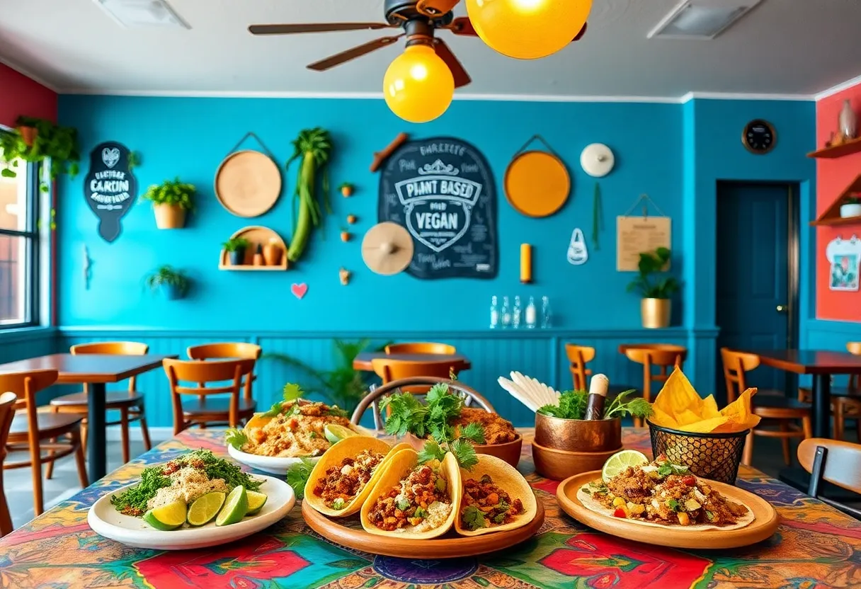 Colorful vegan tacos served in a plant-based Mexican restaurant