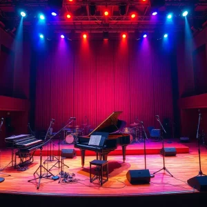 Terry Fator performing with a grand piano at a concert hall